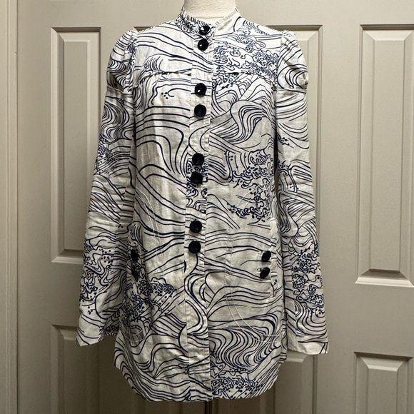 elevenses Jackets & Blazers - elevenses ANTHRO BRAND 2000s cream linen blend Jacket/dress with Navy Accents